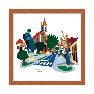 Ilustração colorida da cidade de Tondela com edifícios e estátuas em moldura de madeira