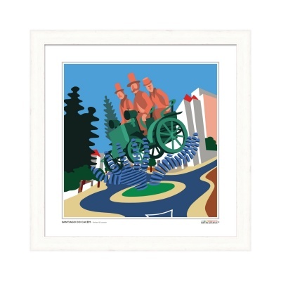 impressão gráfica colorida com escultura de três homens em máquina verde sobre mola azul