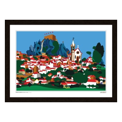 Gravura digital colorida de paisagem urbana com igreja e castelo em moldura castanho-escura