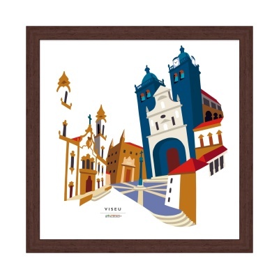 Ilustração colorida de edifícios históricos de Viseu em moldura de madeira