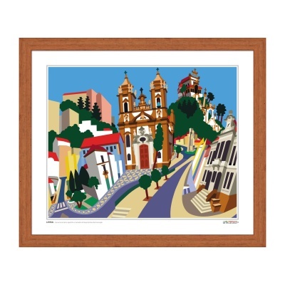 Ilustração urbana colorida emoldurada com igreja ao centro e estrada sinuosa