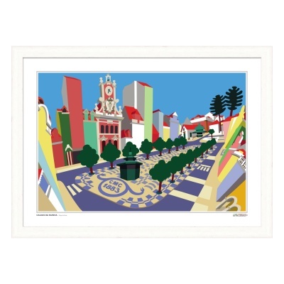 Ilustração colorida de praça urbana com edifícios, árvores e padrão no chão