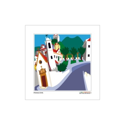 Ilustração digital da Pena Cova com casas, árvores e colinas, moldurada