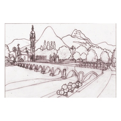 Desenho a lápis de ponte de pedra com igreja e montanhas ao fundo