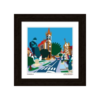 Gravura ilustrativa de paisagem urbana colorida com estátua, edifícios e árvores em moldura preta