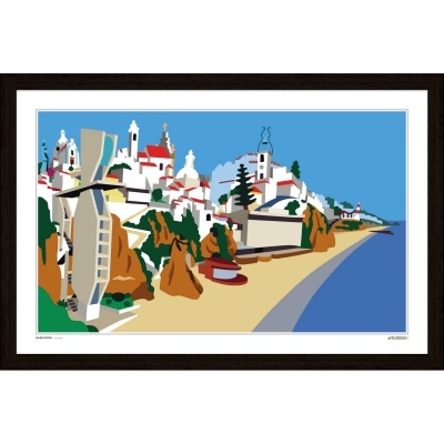 Ilustração de vila costeira com moinhos e praia