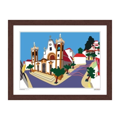 Quadro ilustrado com igreja, casas e árvores em cores vivas