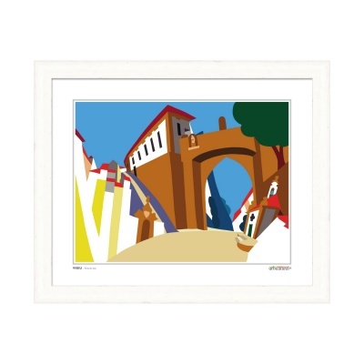 Quadro artístico colorido com ilustração de rua e arco arquitetónico