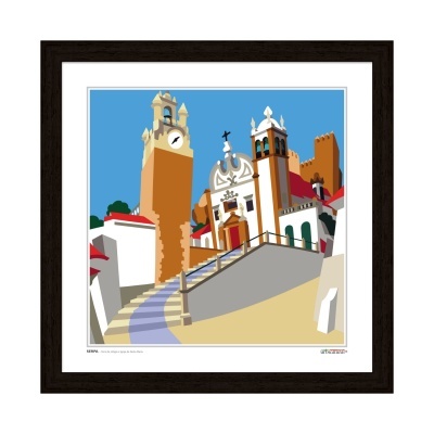 Ilustração digital colorida de edifícios históricos com torre de relógio em moldura preta