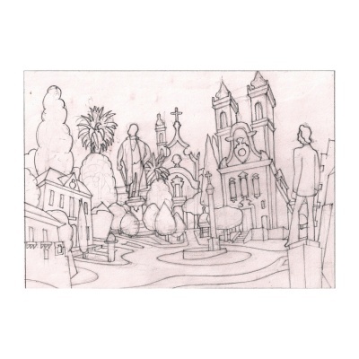 Desenho a lápis de uma praça com estátuas humanas e edifícios incluidas uma igreja com duas torres
