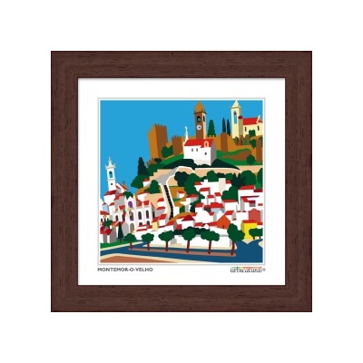 Ilustração colorida de Montemor-o-Velho em moldura castanha