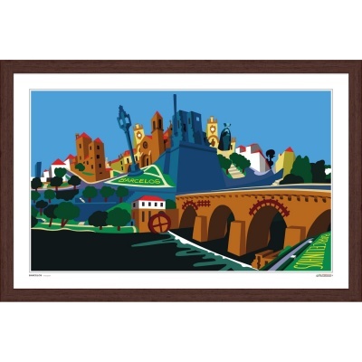 Ilustração colorida de Barcelos com ponte e edifícios em moldura de madeira escura