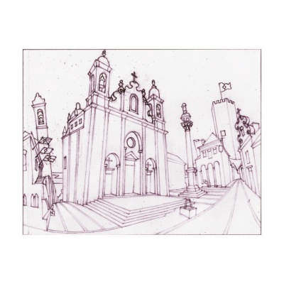 Desenho a tinta de uma praça histórica com igreja e edifícios