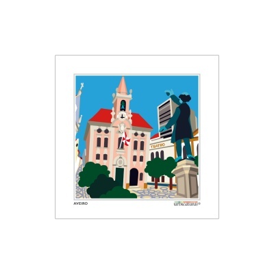 Ilustração colorida de praça com igreja, estátua e árvores em Aveiro