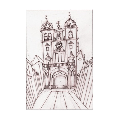 Desenho a preto e branco de igreja antiga com duas torres e prédios inclinados