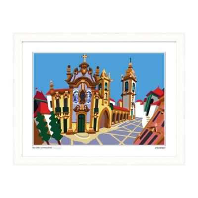 Ilustração colorida da Escola da Pesqueira em moldura branca