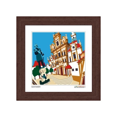 Imagem digitalizada colorida de edifícios históricos em Santarém com moldura castanha escura