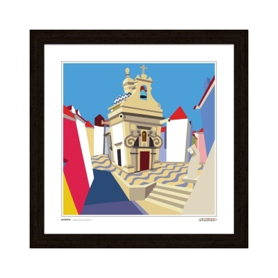 Quadro decorativo com arte ilustrativa de igreja e calçada portuguesa