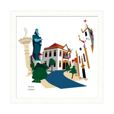 Ilustração colorida de rua com edifícios tradicionais e estátuas