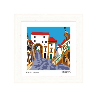 Quadro decorativo com impressão colorida de ruas e edifícios em Castelo Branco
