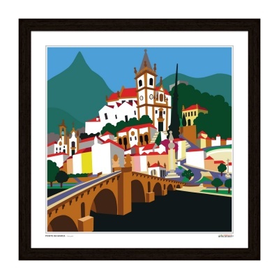 Imagem gráfica de cidade com ponte, igreja e montanhas