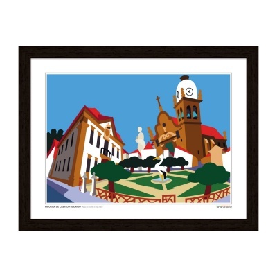 Ilustração emoldurada de edifícios clássicos com relógio numa torre e árvores