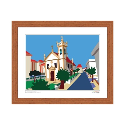 Quadro com ilustração digital de igreja e rua com árvores em moldura de madeira