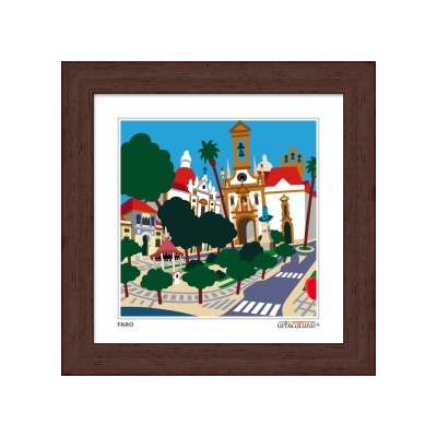 Quadro ilustrado de praça urbana em moldura de madeira castanha