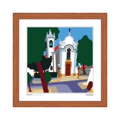 Ilustração de igreja em quadro com moldura de madeira
