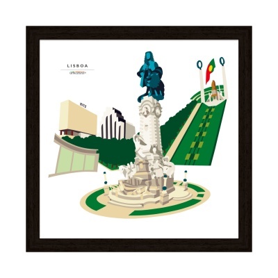 Quadro Lisboa com pontos turísticos em ilustração digital e moldura preta.