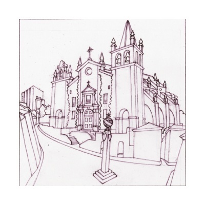 Desenho a traço preto de uma igreja com torres e poste na rua inclinada