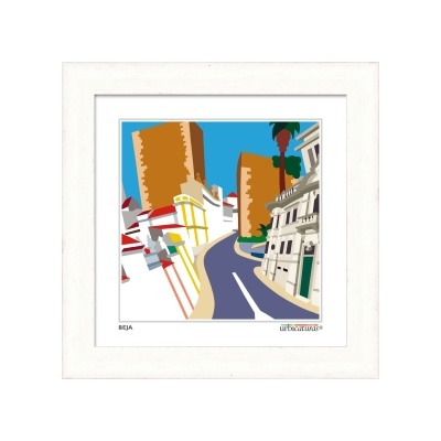 Quadro ilustrativo colorido de rua urbana com edifícios altos e palmeira