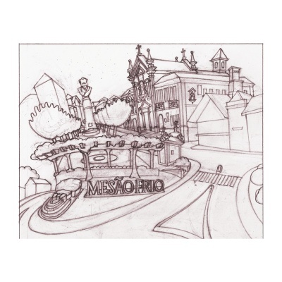 Desenho a lápis de uma rua com edifícios e placa MESÃO FRIO