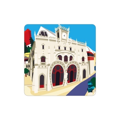 Ilustração digital de um edifício histórico gótico com janelas em arco vermelho e creme