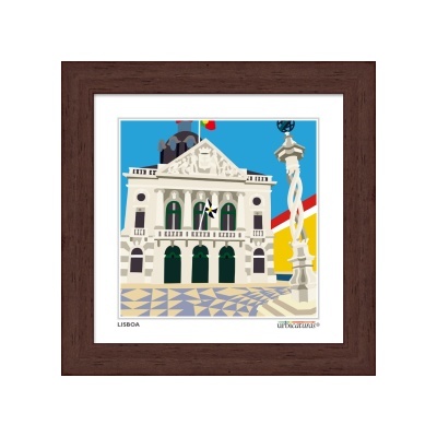 Ilustração do edifício Câmara Municipal de Lisboa em quadro com moldura castanha