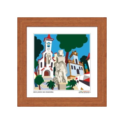 Quadro colorido com moldura de madeira mostrando estátua e edifícios em São João da Madeira