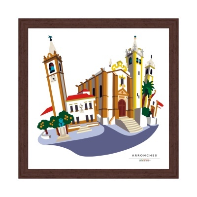 Ilustração de edifícios históricos de Arronches em moldura de madeira