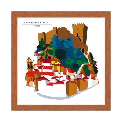 Ilustração colorida de Celorico da Beira com casas e castelo em moldura castanha
