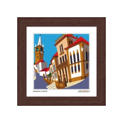 Ilustração colorida de edifícios históricos com moldura castanha