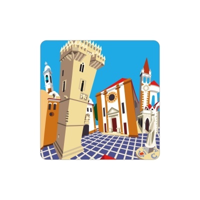 Ilustração arquitetónica de torres e edifícios em azulejos azul e branco