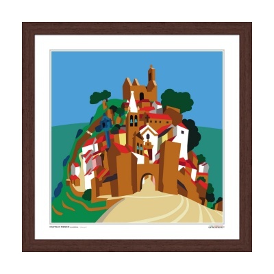 Quadro com ilustração colorida de vila com edifícios castanhos, vermelhos e brancos