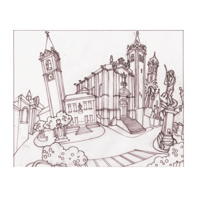 Desenho a lápis de uma praça com igreja, torres, escadarias, estátuas e arbustos.