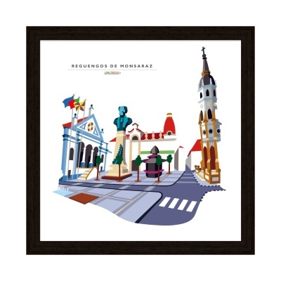 Ilustração colorida de edifícios e monumentos em quadro com moldura preta