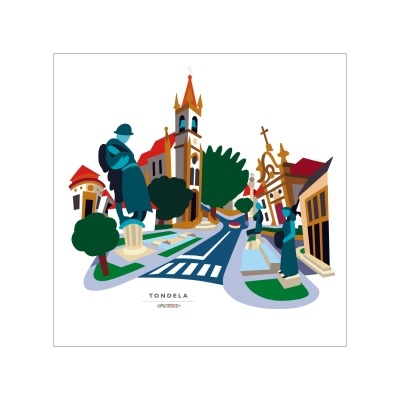 Ilustração colorida da rua de Tondela com estátuas, árvores e igreja.
