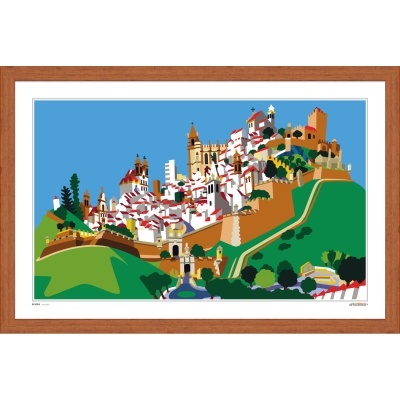 Pintura ilustrativa de cidade antiga com casas brancas, telhados vermelhos e arquitetura em moldura de madeira