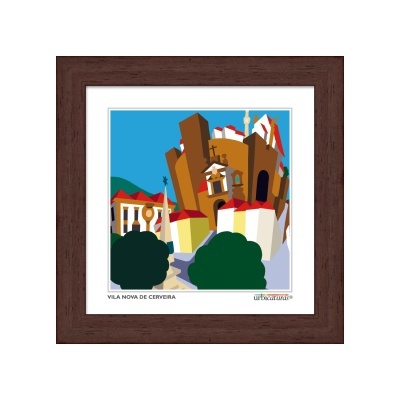 Quadro ilustrativo da vila de Vila Nova de Cerveira com castelo e árvores