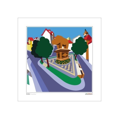 Ilustração artística de praça triangular com estátua castanha e árvores rodeando