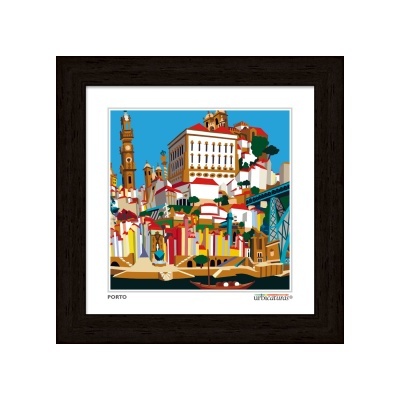 Ilustração colorida da cidade do Porto em moldura preta