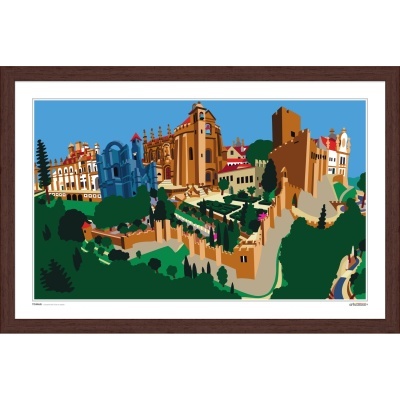 Ilustração colorida de um castelo com muralhas e torres num quadro com moldura castanho escuro