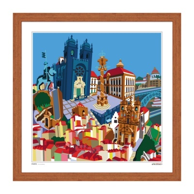 Ilustração colorida de edifícios portugueses e monumentos urbanos emoldurados